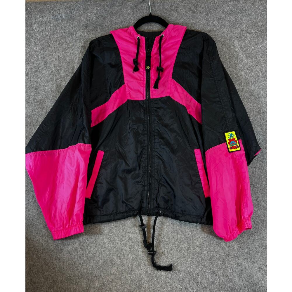 VINTAGE 80s Ocean Pacific Windbreaker Jacket Mens Black Extreme Air Hooded Large